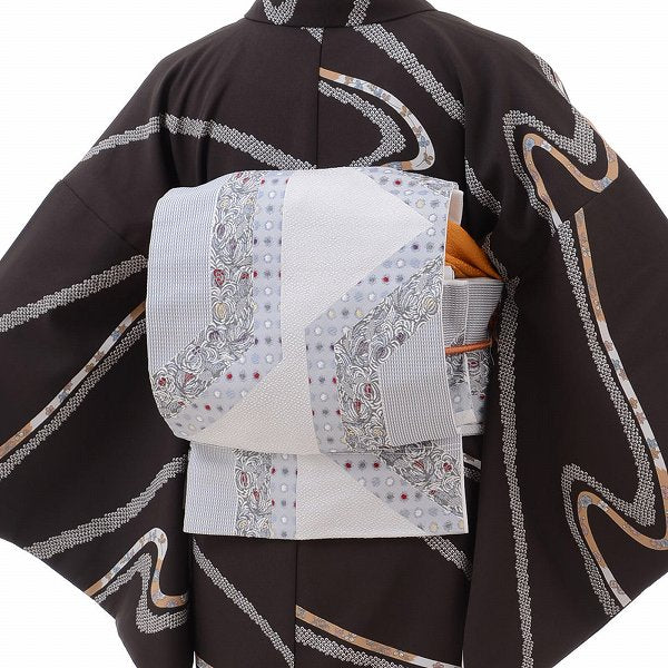 着物レンタル春秋冬用レディース袷小紋京袋帯セット「Mサイズ」紫・ススキの画像の2