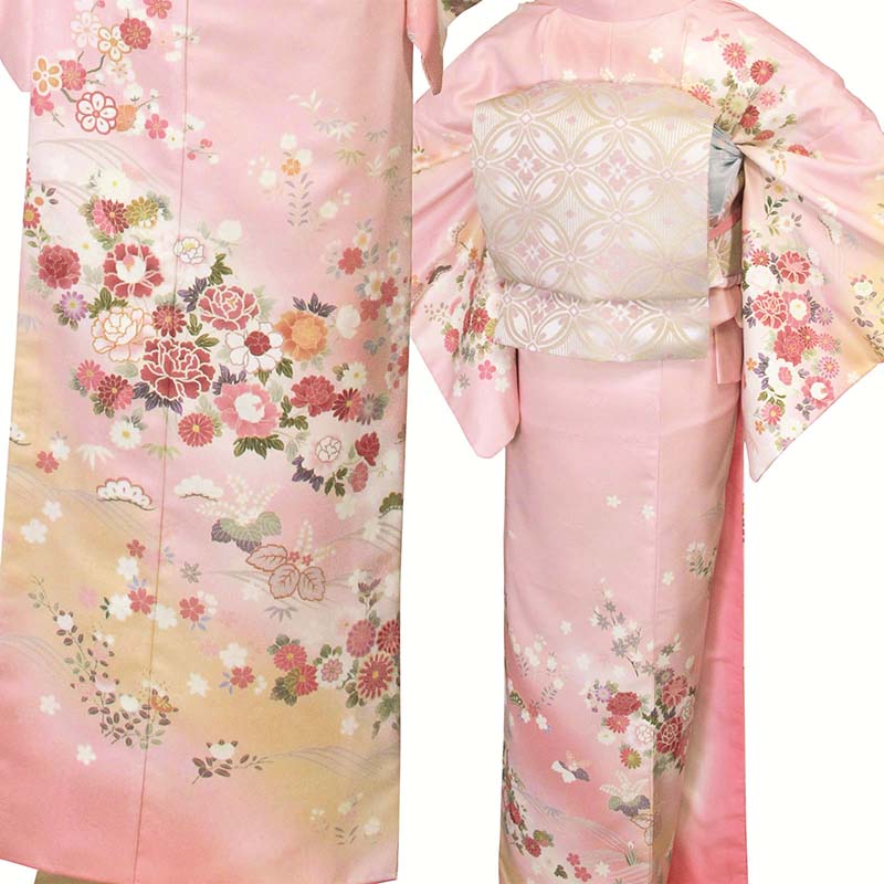 訪問着レンタル「XSサイズ」ピンク牡丹・菊着物+袋帯セット着付け簡単自分で着られるワンタッチ着物和服レンタルパーティー・結婚式・卒園式の画像の3