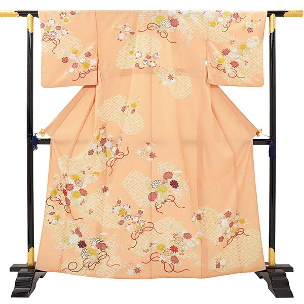 訪問着レンタル七五三母「XSサイズ」橙色菊花束紗綾型着物フルセットワンタッチ着物の画像の2