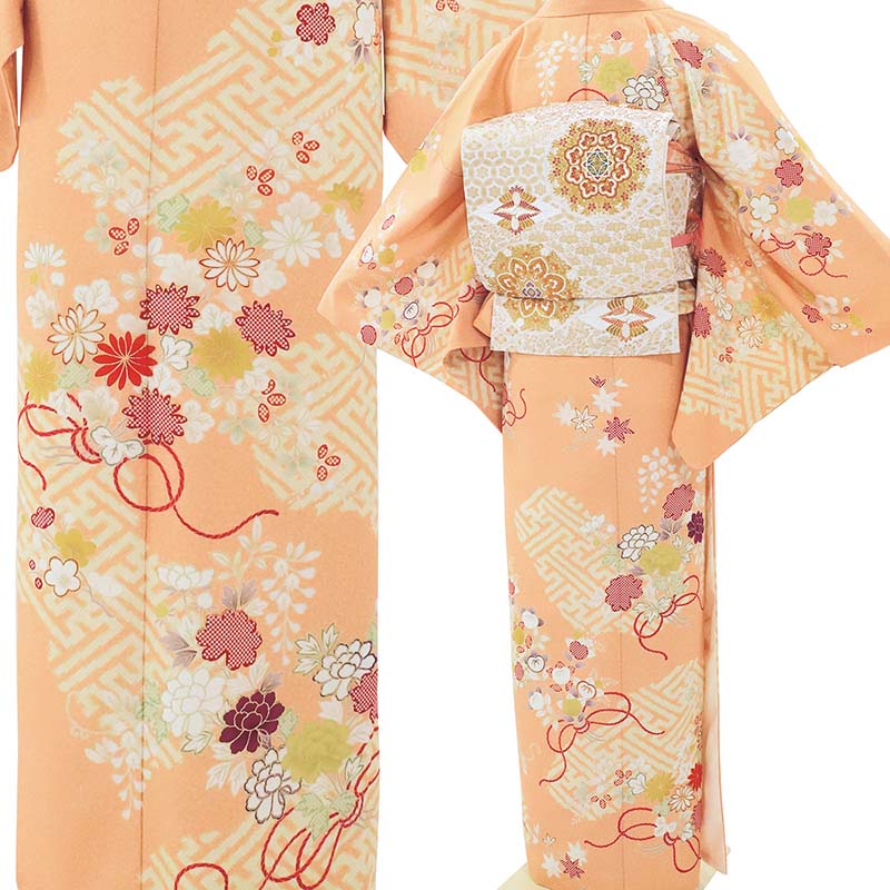 訪問着レンタル七五三母「XSサイズ」橙色菊花束紗綾型着物フルセットワンタッチ着物の画像の3