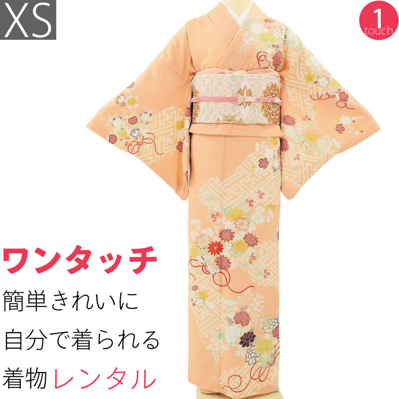 訪問着レンタル七五三母「XSサイズ」橙色菊花束紗綾型着物フルセットワンタッチ着物の画像