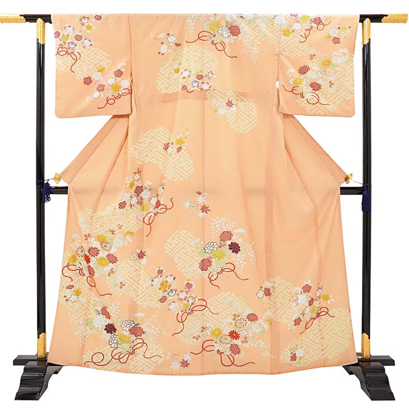 訪問着レンタル七五三母「Sサイズ」橙色菊花束紗綾型着物フルセットワンタッチ着物の画像の2