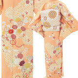 訪問着レンタル七五三母「Sサイズ」橙色菊花束紗綾型着物フルセットワンタッチ着物の画像の3