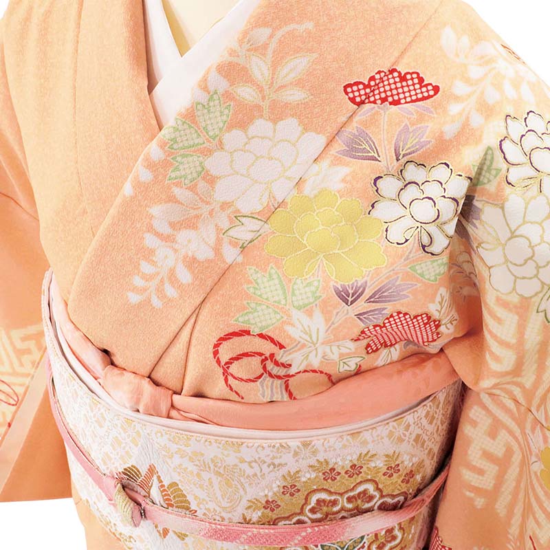 訪問着レンタル七五三母「Mサイズ」橙色菊花束紗綾型着物フルセットワンタッチ着物の画像の4