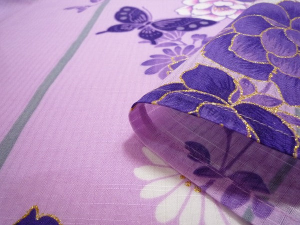 浴衣レンタルセットMサイズレディース紫牡丹蝶ワンタッチ着付け簡単の画像の4