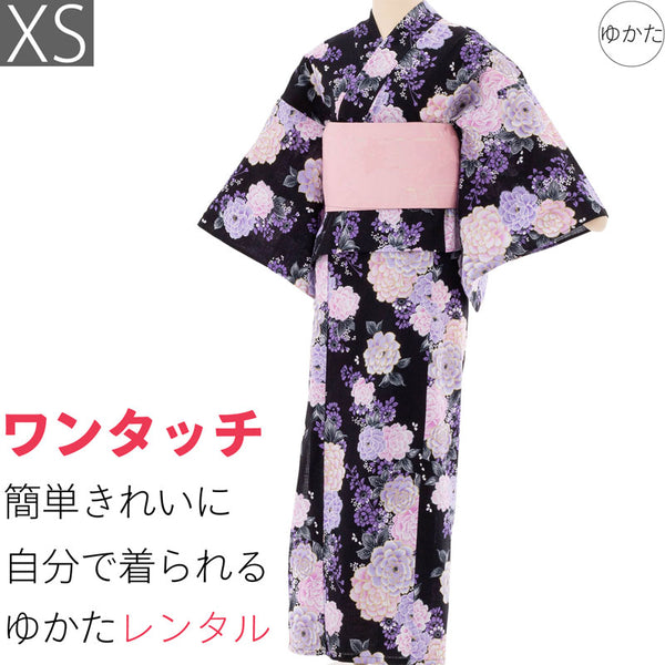 浴衣レンタルセットXSサイズレディース黒紫洋花ワンタッチ着付け簡単の画像