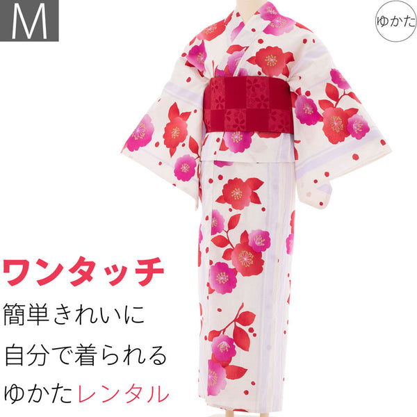 浴衣レンタルセットMサイズレディース白シンプル桜ワンタッチ着付け簡単の画像