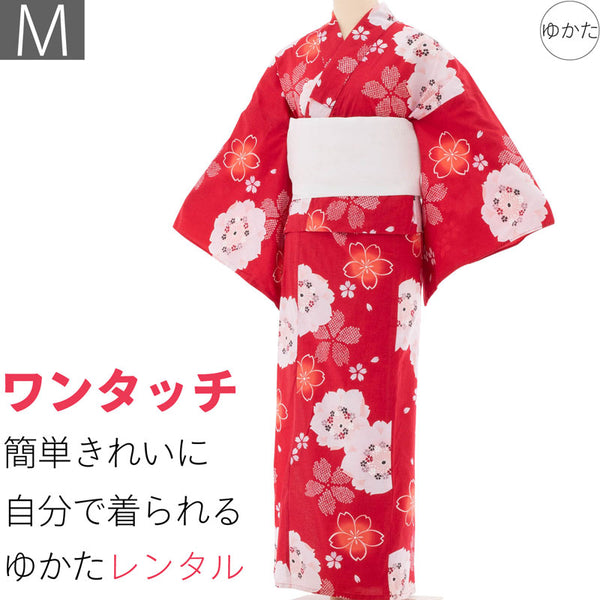 浴衣レンタルセットMサイズレディース赤レトロ桜ワンタッチ着付け簡単の画像