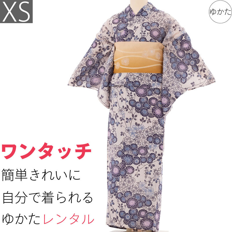 浴衣レンタルセットXSサイズレディースベージュ菊桜ワンタッチ着付け簡単の画像