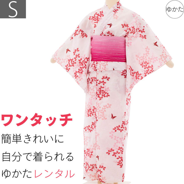 浴衣レンタルセットSサイズレディースピンク萩ワンタッチ着付け簡単の画像