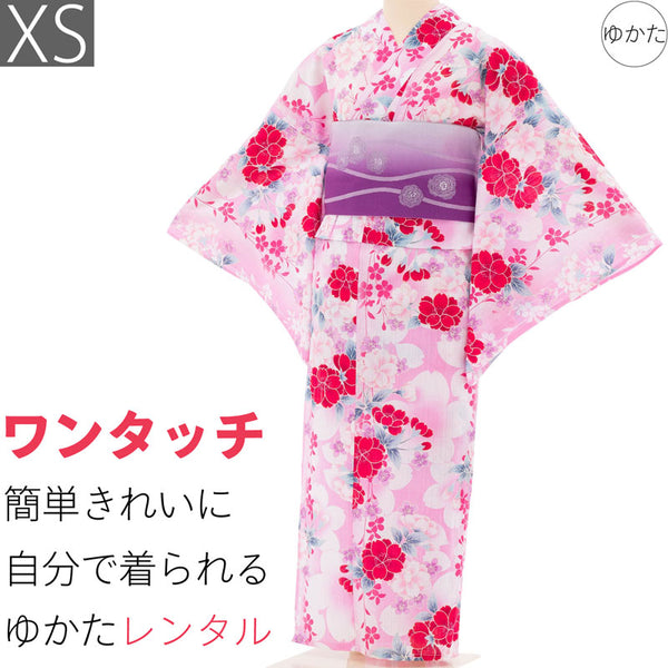 浴衣レンタルセットXSサイズレディースピンク赤桜ワンタッチ着付け簡単の画像