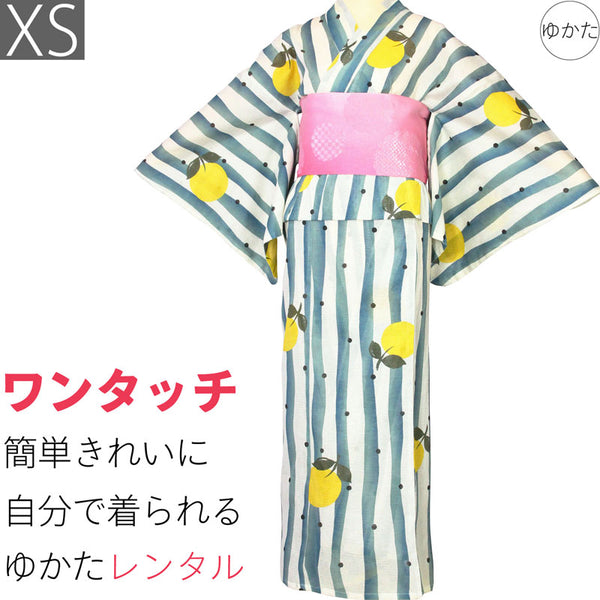 浴衣レンタル/ゆかたレンタル浴衣セット「XSサイズ」絽白緑ストライプ甘夏の画像