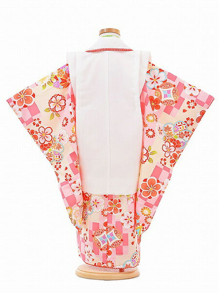 七五三3歳女の子レンタル簡単着付けワンタッチ着物被布ピンク・市松桜753の画像の2