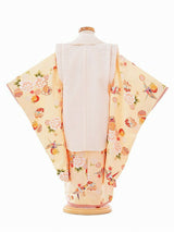 七五三3歳女の子レンタル簡単着付けワンタッチ着物被布クリーム色・折り鶴手まりの画像の2