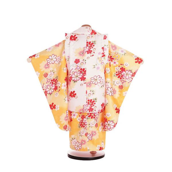 七五三3歳100サイズ女の子レンタル着物被布黄色コスモス桜の画像の2
