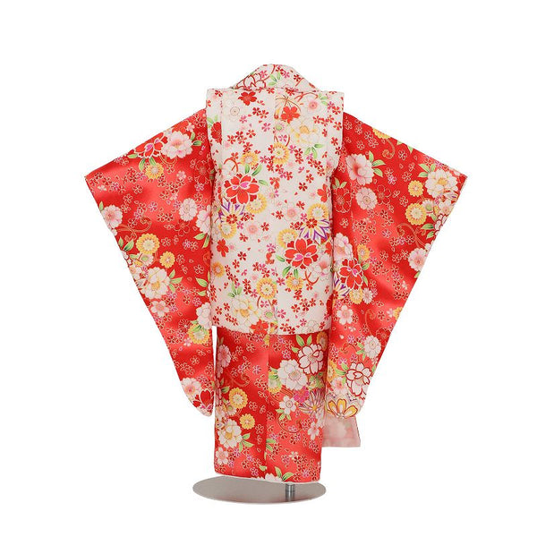 七五三3歳100サイズ女の子レンタル着物被布白/赤八重桜と手まりの画像の2
