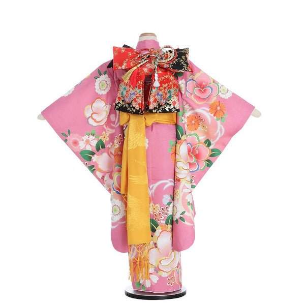 七五三7歳120サイズ女の子レンタル四つ身着物(着付け簡単)ピンク大花洋花光沢刺繍の画像の2