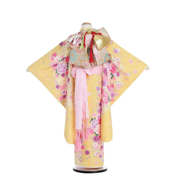 七五三数え7歳6歳115サイズ女の子レンタル四つ身着物(着付け簡単)黄クリーム牡丹八重桜の画像の2
