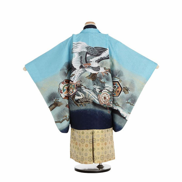 七五三5歳男の子袴レンタル着物水色から濃紺ぼかし/はかま金鷹に松の画像の2