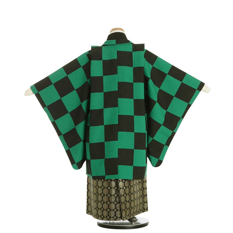 七五三5歳男の子袴レンタル着物黒緑市松/はかま鬼狩り衣装風の画像の2
