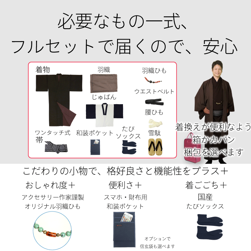 【着物レンタル】「XLサイズ」グレー・市松・御召風CLUBH.L(春秋冬用／男物メンズ袷紬アンサンブル)【簡単/ワンタッチ/結婚式/七五三/和服/和装/貸衣装/貸衣裳/レンタル】の説明画像8